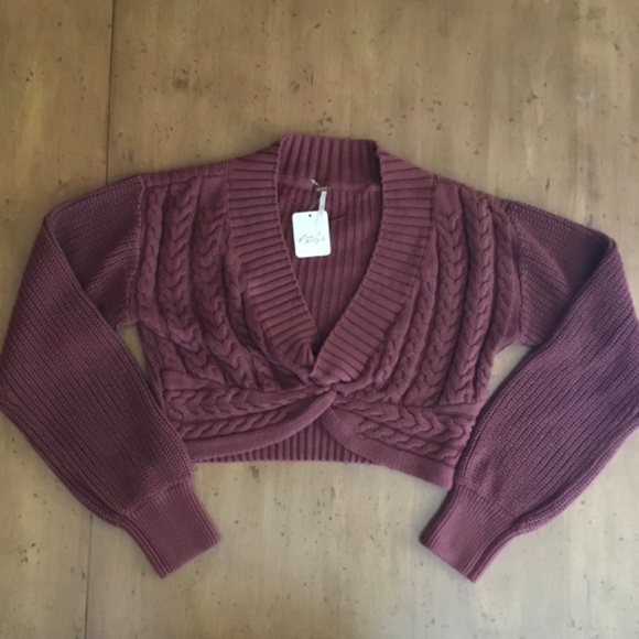 Free People Knit Cropped Emilie Sweater In Cherry Cola - Picture 15 of 16